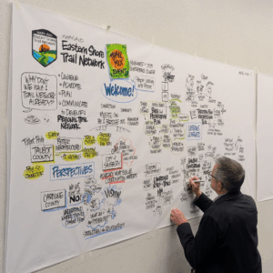 a man writes and draws on a large poster on the wall about maryland eastern shore trails meeting